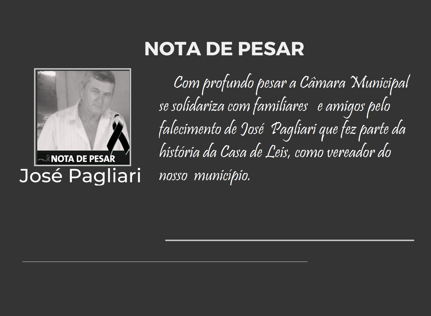 Nota de Pesar pelo falecimento do ex-vereador José Pagliari